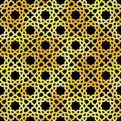 Gold and black Arabic style seamless pattern. Vector shiny golden gradient oriental ornament on dark background. Oriental traditional foil texture for backgrounds, textile patterns, decoration