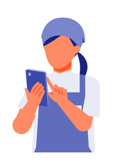 Working Woman. Concept for Problem Solving. Woman cartoon character. People face profiles avatars and icons. Close up image of smartphone Woman.