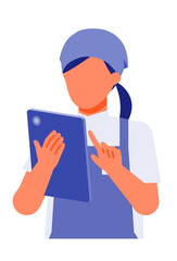 Working Woman. Concept for Problem Solving. Woman cartoon character. People face profiles avatars and icons. Close up image of tablet Woman.