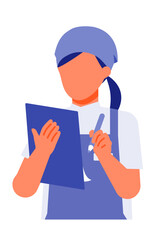 Working Woman. Concept for Problem Solving. Woman cartoon character. People face profiles avatars and icons. Close up image of Woman writing.