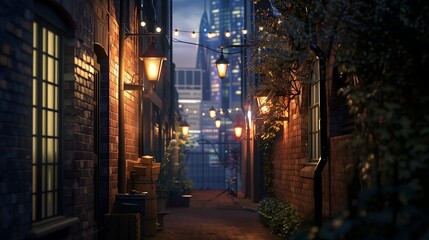 Fototapeta premium Narrow brick alleyway illuminated by warm lanterns and string lights at night with distant skyscrapers.