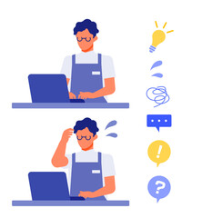 Working man. Concept for Problem Solving. Man cartoon character. People face profiles avatars and icons. Close up image of PC man.