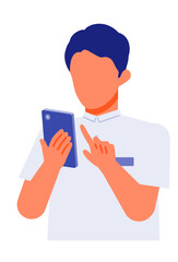 Working man. Concept for Problem Solving. Man cartoon character. People face profiles avatars and icons. Close up image of smartphone man.