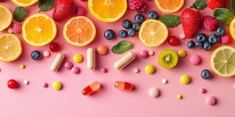 A colorful flat lay of fresh fruits, vitamins, and supplements on a pink background