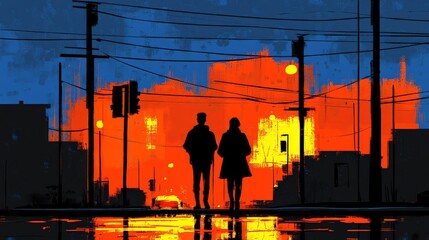 Silhouettes of couple walking in colorful painted city street