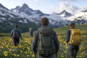 Group of Hikers Trekking Through Mountainous Alpine Meadow with Snow-Capped Peaks