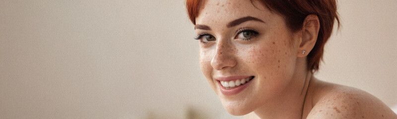 Fototapeta premium Portrait of a young red-haired woman with a bright smile in a minimalist style.