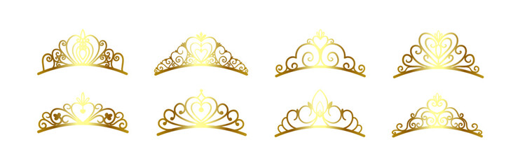 Set of different golden silhouettes of tiaras and crowns. Luxurious prince and princess headdresses in doodle style. © Kolerowa