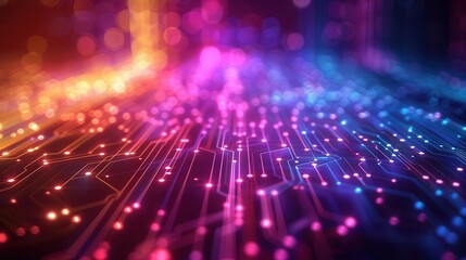 Obraz premium Abstract digital background with vibrant colors and glowing lines representing data flow and technology.