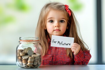 A child holding a transparent glass jar filled with coins, representing the concept of saving.