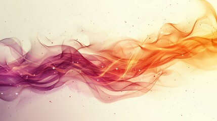 Fototapeta premium Abstract colorful smoke wave in purple and orange flowing across a light background with sparkling particles.