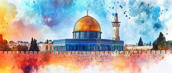 Watercolor hand draw The Al-Aqsa Mosque in Jerusalem is one of the oldest mosques in the world and holds significant religious importance in Islam.