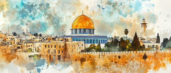 Watercolor hand draw The Al-Aqsa Mosque in Jerusalem is one of the oldest mosques in the world and holds significant religious importance in Islam.