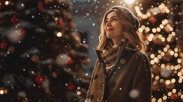 portrait of a beautiful woman, standing outdoor, christmas tree and decorations, snowfall, Merey Christmas concept