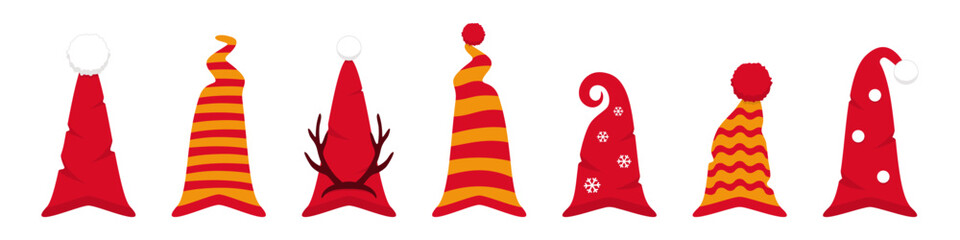 Christmas red hats of gnomes and elves. Colorful cartoon headdresses for festival and celebration with happy new year vector parties