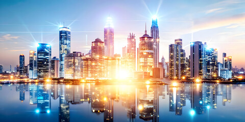 Fototapeta premium Smart City Transformation: Glowing Abstract Digital Art of Urban Evolution into Tech-Driven Smart Cities with AI Integration - Concept Photo Stock