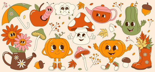 Collection of 70s groovy autumn fall elements. Retro sticker set. Cute mushroom, pumpkin, teapot, apple characters.