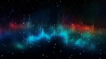 A vibrant abstract representation of sound waves with colorful gradients and a starry background.