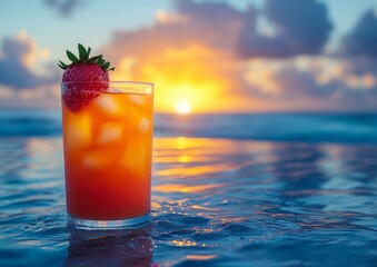 A vibrant cocktail with a strawberry garnish sits on a reflective water surface, against a stunning sunset backdrop, perfect for summer promotions, travel brochures, and drink advertisements,