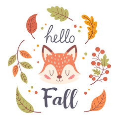 A hand-drawn autumn sticker with the phrase Hello Fall. An autumn phrase with cute and cozy design elements