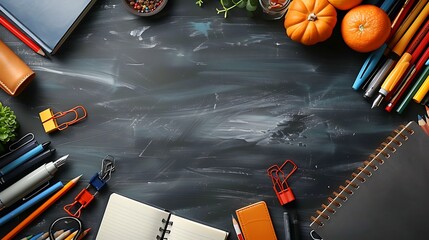 A seamless pattern of writing tools like fountain pens, pencils, and notebooks, arranged in a balanced and organized layout, with bright colors and clean lines on a chalkboard surface, hd quality,
