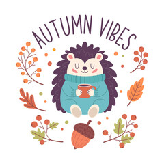 A hand-drawn autumn sticker with the phrase Autumn Vibes. An autumn phrase with cute and cozy design elements