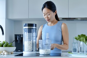 European Woman Making Biohacking Smoothie in Sustainable Modern Kitchen
