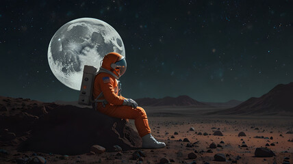 Obraz premium Astronaut sits on the moon, with the lunar landscape and full moon in view