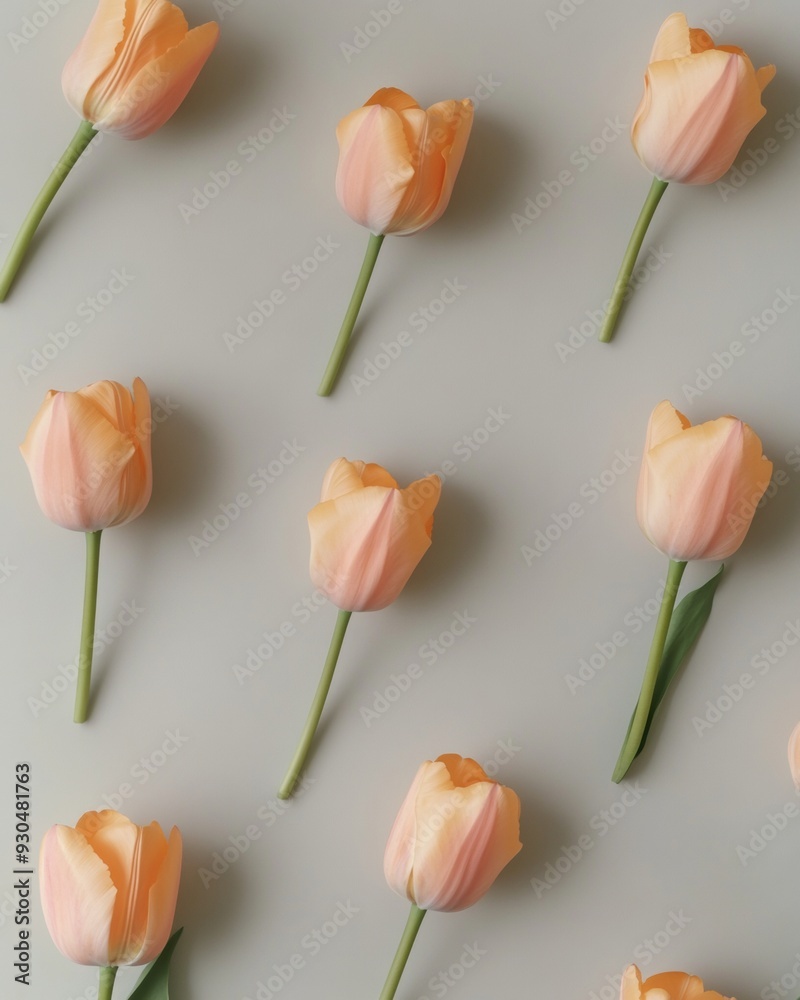 Poster Soft Gray and Bright Orange Tulip Pattern in a Minimalistic, Clean, and Calming Composition with a Sunny Day Vibe