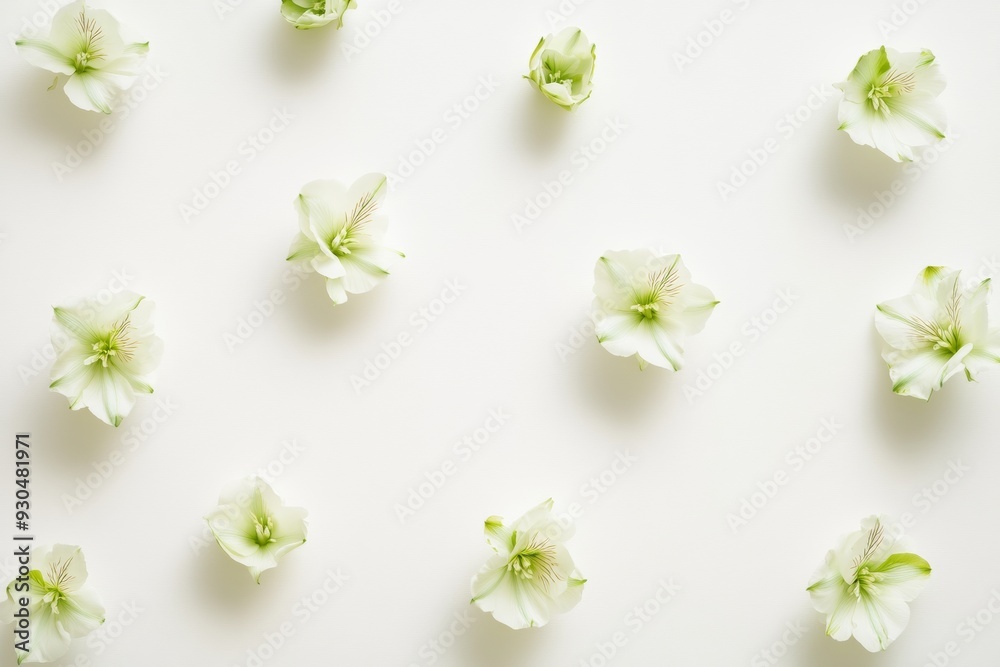 Poster green alstroemerias pattern on soft white background with small shadows - bright pastel color scheme
