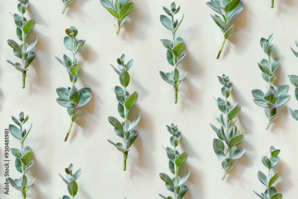 Aufkleber calm, sunny day green plants pattern on soft beige background with small shadows - simple, clean com