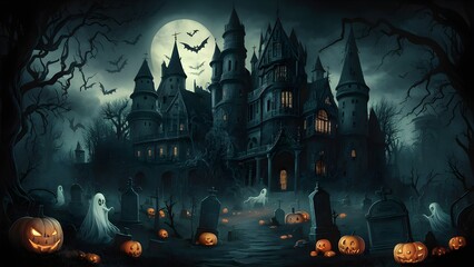 Crazy Halloween castle cemetery scene. Torturing terrible dream hallowenbackground. Mechanized craftsmanship painting for book illustration,background background,
Halloween Concept.