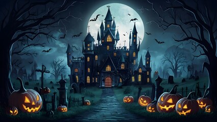 Crazy Halloween castle cemetery scene. Torturing terrible dream hallowenbackground. Mechanized craftsmanship painting for book illustration,background background,
Halloween Concept.