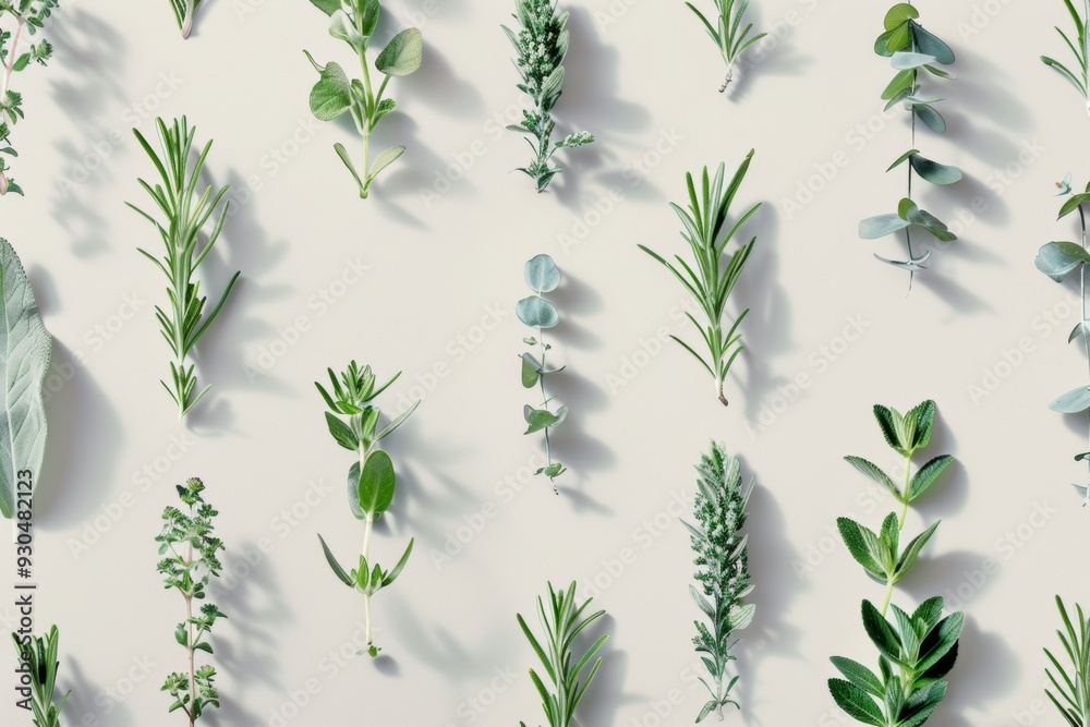 Poster minimalist botanical pattern green plants on beige background with soft shadows for calm, sunny day 