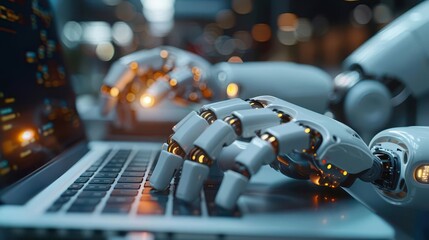 Fototapeta premium Futuristic robot hand typing on a laptop, showcasing advanced technology and innovation in digital communication.