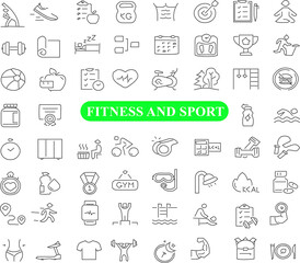 Sport and Fitness Icon Set with Customizable Stroke. Healthy Lifestyle Thin Line Icon Collection. Gym and Health Care Icons. Vector Illustration.