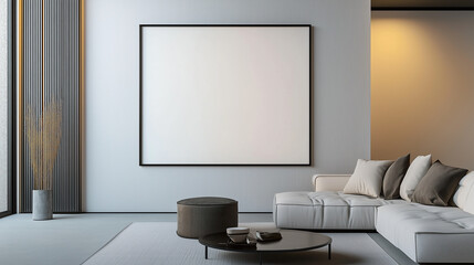 A sophisticated modern living room with minimalist décor. Blank framed mock up.