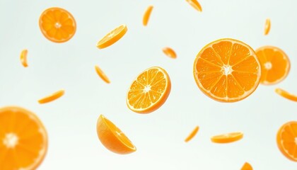 Floated Slices of Orange Falling - Isolated on White Background