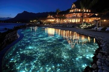 Obraz premium Nighttime view of a resort pool with lights reflecting in the water.