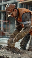 Construction worker wearing safety gear, working diligently at a construction site, handling wet cement for building project.