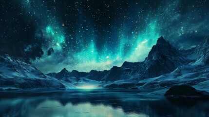 Naklejka premium Aurora Starry Night. Sky of Mountain North Pole Lake