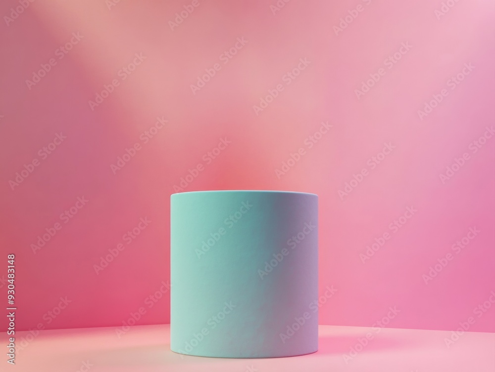 Poster minimalist neon blue cylindrical podium on soft pink background with subtle textures and soft shadow
