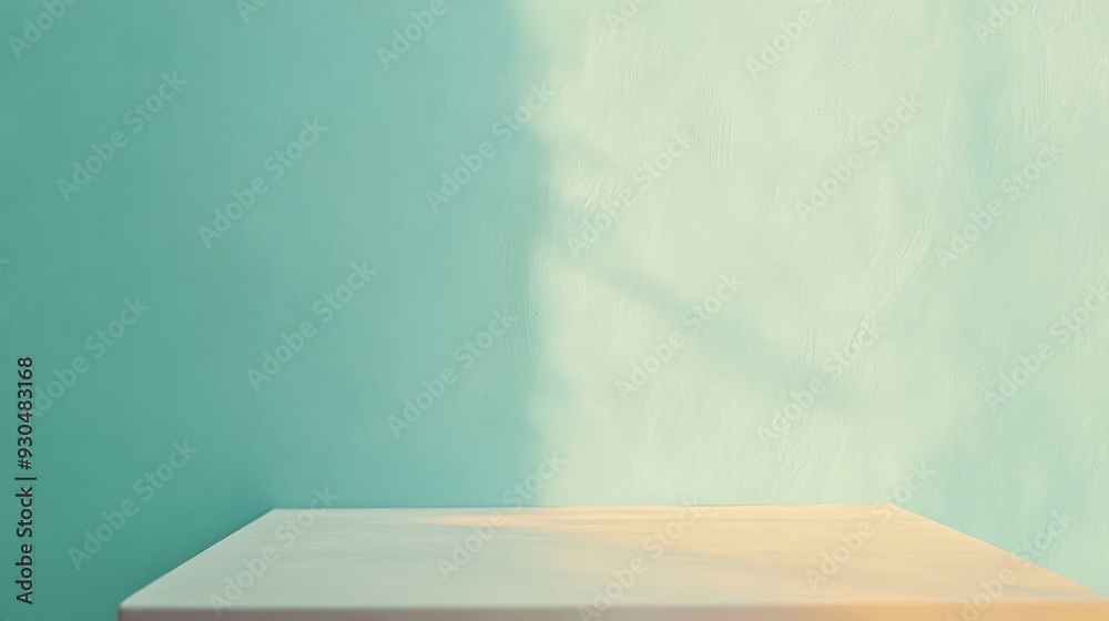 Poster Serene Minimalist Pastel Blue Stucco Table Surface with Soft Natural Lighting in Tranquil Field Setting for Product Display