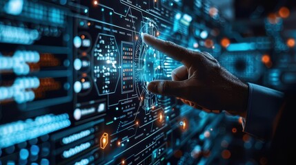 A close-up of a hand interacting with a futuristic digital interface filled with glowing data and technology visuals.