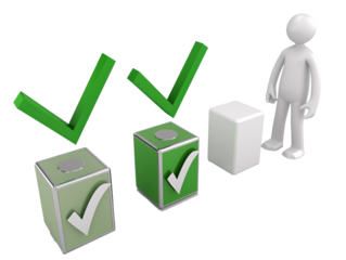 a person standing next to boxes with green check marks