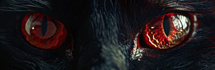 Black cat eyes with red iris. Horror concept banner. Dark background. hyper realistic photography, canon