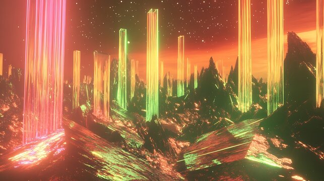 Extraterrestrial Landscape with Hovering Geometric Prisms and Iridescent Light Trails in Green, Orange, and Pink Hues