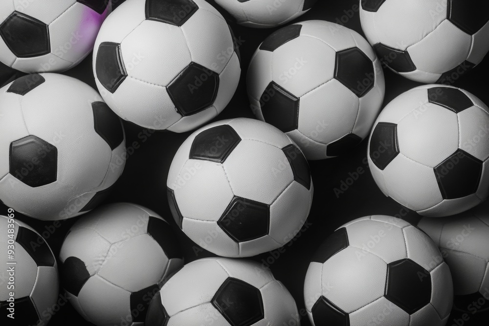 Poster aerial view of symmetrical geometric pattern created by black and white soccer balls in soft natural