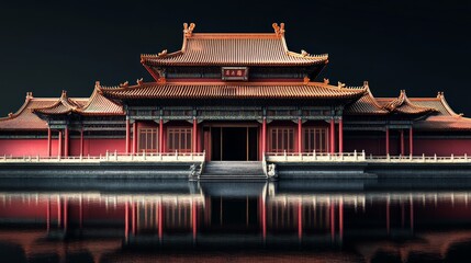 Fototapeta premium Traditional Chinese architecture with red pillars and a tiled roof reflected in a still body of water.