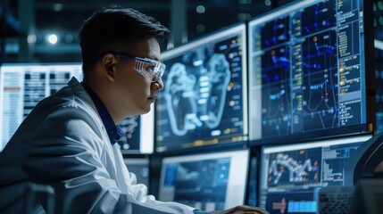 Scientist analyzing data on multiple monitors, focusing on advanced technology and digital innovations in a futuristic lab environment.